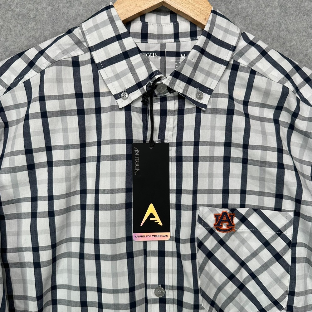 Antigua Auburn Tigers Men M Tending Plaid Button‎ Down Shirt Navy Grey White NEW